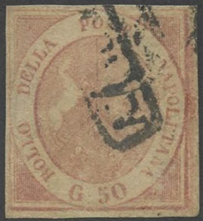 1858, 50gr. Rosa Brunastro N.14, usato. Riparato in alto, il francobollo risulterebbe appena toccato nel margine superiore. (B) (Cert. Luigi Guido) (5000)