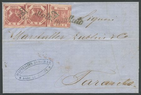 23.3.1861, Lettera da Bari per Taranto affrancata oer 5gr tramite due 2gr. Carminio Cupo ed un 1gr. Rosa Lillaceo N.3a.