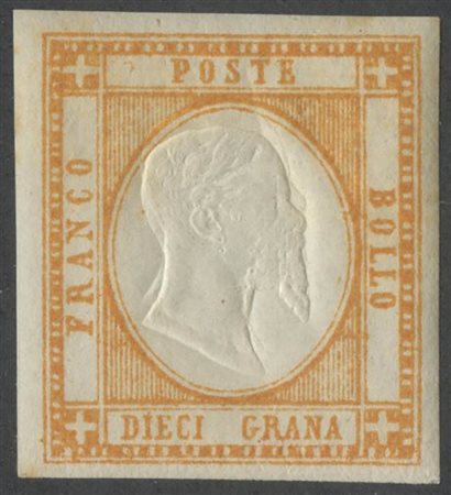 1861, 10gr. Arancio N.22 nuovo con gomma, linguellato. Doppia effige molto evidente. (Lux) (A.Diena) (Cat.160++)