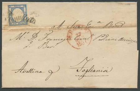 27.3.1861, Lettera da Bari per Avellino affrancata con un 2gr Azzurro N.2b. Sull'affrancatura lo svolazzo del tipo 36 di Bari(8pt.). (A-) (Chiavarello) (975)