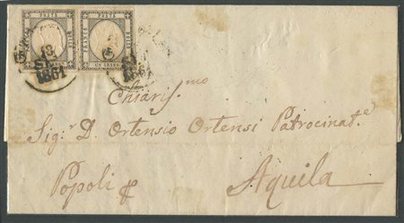 18.9.1861, Lettera da Popoli per l'Aquila affrancata per 2gr. Tramite due 1gr. Di due interessanti tonalità diverse. (A+) (Cat.360++)