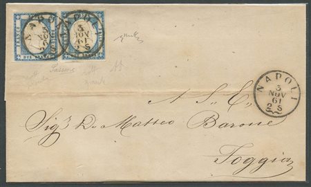 3.11.1861, Lettera da Napoli per Foggia affrancata per 4gr. Tramite due 2gr. Con tonalità di colore molto interessante.