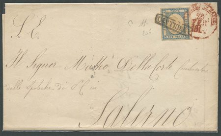 20.2.1861, Lettera da Napoli per Salerno affrancata tramite un 2gr. Azzurro Chiaro N.20.