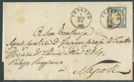 1.7.1862, Lettera da Traetto per Napoli affrancata tramite un 2gr. Azzurro Chiaro N.20. Sull'affrancatura il cerchio di TRAETTO (6pt). (A) (Raybaudi) (400)