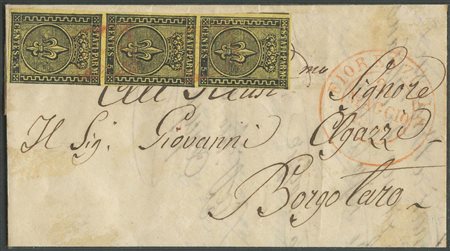 20.05.1853, Lettera da Fiorenzuola per Borgotaro affrancata tramite una striscia di tre del 5c, Giallo Arancio N.1.