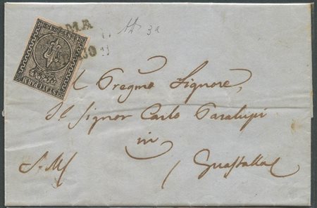 22,02,1853. Lettera da parma per Guastalla affrancata tramite un 15c. Rosa  N.3 (tariffa di primo porto per le lettere spedite nel ducato di Modena). (A+) (A.Diena) (500++)