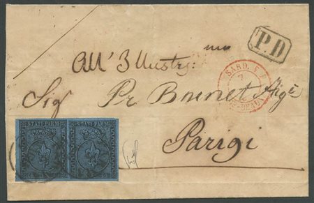 4.4.1857, Sovracoperta spedita da Parma per Parigi affrancata tramite una coppia di 40c. Azzurro N.5. (Lux) (Cert. Luigi Guido) (Cat.14000)