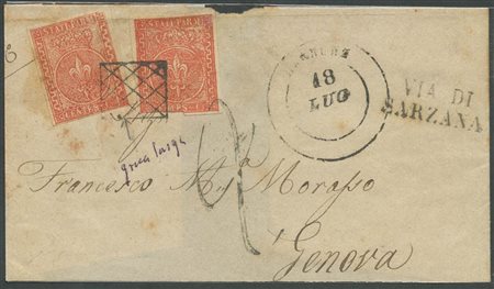 Fronte di lettera spedita da Bagnone per Genova affrancata con due 15c. N.7 e 7c. Sull'affrancature la griglietta di Bagnone(10pt.) (B) (Cat.1900)