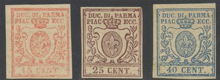 1857, N.9/11 serie completa nuova con gomma, linguellata. Il N.10 firmato Alberto Diena. (A+) (2860)