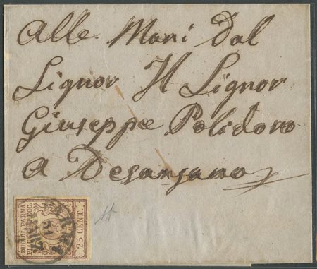 31.03.1858, Lettera da Parma per Desenzano affrancata con un 25c. Bruno Lilla N.10. (Tariffa  di primo porto per la II distanza del Lombardo veneto) (A+) (A.Diena) (Cat.1250)