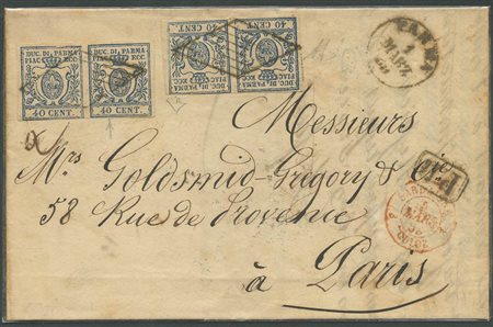01.03.1859, Lettera da Parma per pargigi affrancata con due coppie del 40c. Azzurro N.11, una di queste con accoppiamento zero largo e zero stretto. (A-) (Cert. En.Diena) (Cat.22000++)