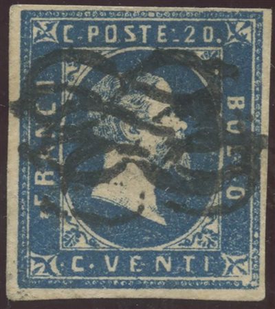 1851, 20c. Azzurro N.2a Prima tiratura, assolutamente non comune con il disegno così nitido, appartenente alle primissime forniture, annullato con dippio nodo di Savoia. (A+) (Cert.A.Diena) (--)