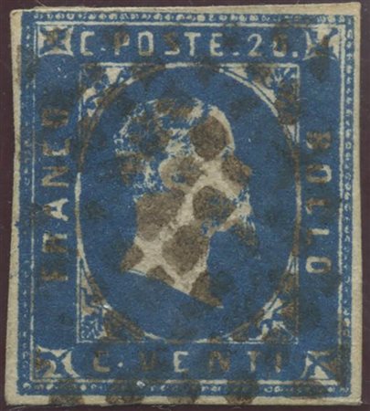 1851, 20c. Azzurro N.2. (A+) (A.Diena, Raybaudi) (Cat.550)