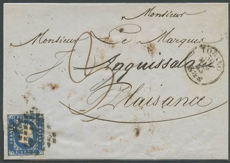 30.05.1853, Lettera da Torino per Piacenza affrancata con un 20c. Azzurro N.2. (A+) (1650++)