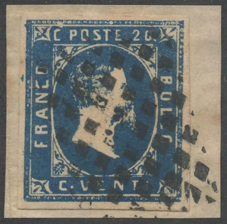 1851, 20c. Azzurro N.2 appartenente al raro II riporto, su frammento. (Lux) (A. Diena, cert. Bolaffi)(Cat.550++)