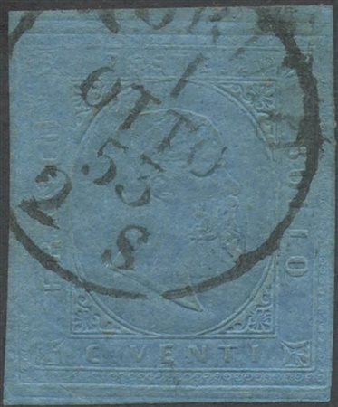 1.10.1853, N.5 Azzurro usato il I° giorno ufficiale per la II° emissione di Sardegna. Unico a noi noto. (Lux) (Cat.---)