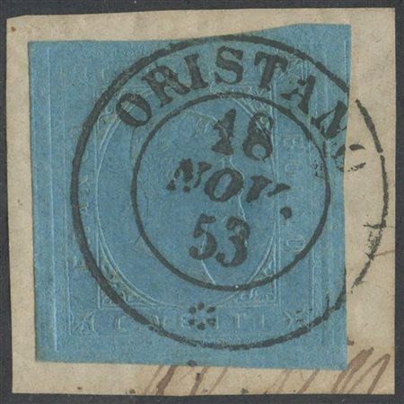 18.11.1853, 20c. Azzurro N.5 annullato con il Doppio Cerchio di Oristano(7pt.). (Lux) (G.Bolaffi, A.Diena) (Cat.1025++)