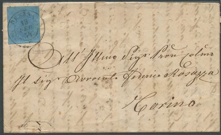 13.02.1854. lettera da Desenzano per Torino affrancata con un 20c. Azzurro N.5. (B) (Cat.1200)