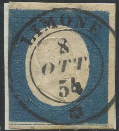 1854, 20c. Azzurro con annullo ''LIMONE'' line di riquadro in basso. (B)