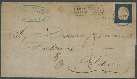 04.09.1855, Lettera tassata da Torino per Viterbo affrancata con 20c. Indaco N.8c. Sulla lettera ''Francobollo Insufficiente'' in cartella (A) (Cat.1200++)
