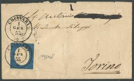1.1.1855, Lettera da Chiavari per Torino affrancata tramite un 20c. Azzurro N.8 con Bordo di foglio in alto. (Lux) (Cert.Caffaz) (Cat.1200++)