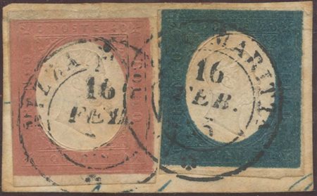 16.02.1855, Frammento con 20c. N.8d Azzurro Verdastro e 40c. N.9 Rosso Mattone.(A-/B) (A.Diena) (Cat.7850++)