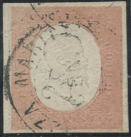 1854, 40c. Rosso Mattone Chiaro N.9b. Carta Sottile. Punto chiaro nel margine inferiore e sinistro. (A-) (Cat.6000++)