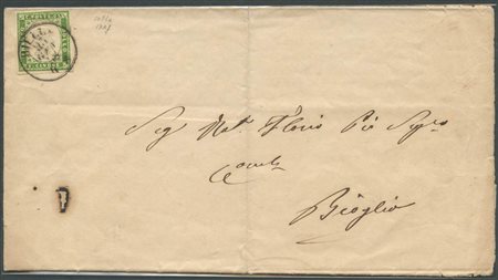 23.1.1858, Lettera da Biella per Breglio affrancata tramite un 5c. Verde Giallo N.13Ad) Tariffa da 5c. Per lettere inoltrate entro il distretto postale. (A+) (Cert. Colla)