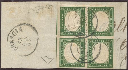 1863, 5c. N.13D Verde Scuro in quartina usata su grande frammento. (A) (E. Diena, Raybaudi, Cert. En. Diena) (Cat.10.000)