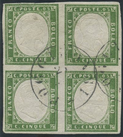 1862, 5c. Verde Giallastro 13Da in quartina usata a POGGIBONSI. Il valore in alto a sinistra è difettoso per via di un piccolo strappo. (A-) (Cat.10000++)
