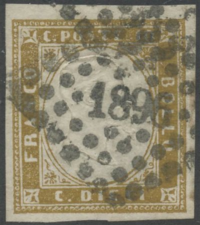 1861, 10c. N.14Cl bruno Olivastro usato con l'annullo numerale a punti di Marsiglia(R1). (A+)(Cat.3.250 per l'annullo completo)