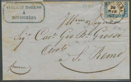 20.3.1857, Lettera da Bordighera perS.Remo affrancata con un 20c. Cobalto Chiaro N.15a. Francobollo probabilmente usato in frode. 