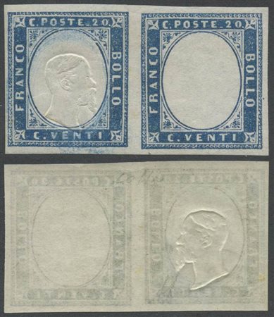 1861, 20c, N.15Db Celeste Grigiastro, coppia nuova gomma integra. Il francobollo di destra è senza effige. (Lux) (A. Diena, Cert. Colla) (Cat.5.500)
