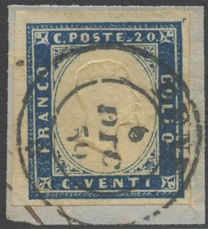 1859, 20c. Azzurro Scuro N.15B su ampio frammento, annullato con il Doppio Cerchio con rosetta di BENE (5pt.)(A+) (Cat.130++)