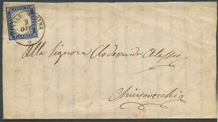 3.6,1857, Lettera da Finale Marina per Civitavecchia affrancata con un 20c. Azzurro Oltremare N.15Aa. (A+) (656)