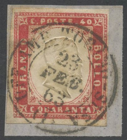 1863, 40c. Carminio Lillaceo N.16Eb su frammento annullato con il doppio cerchio dell'ufficio ambulanteTorino-Susa (12pt.) (A) (Cat.1385)