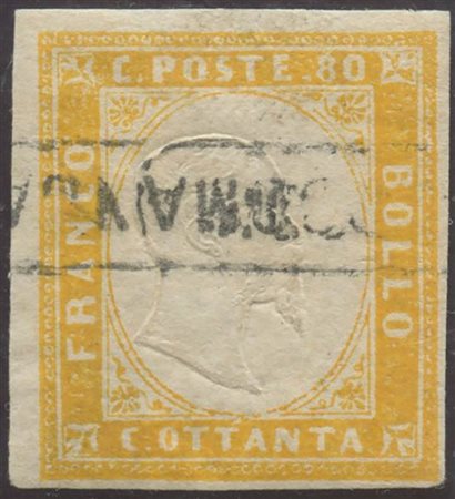 1862, 80c. Giallo Arancio N.17C, usato. (A+) (Sorani) (Cat.700)