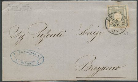 4.4.1861, lettera da Milano per Bergamo affrancata con un 2c. Grigio Verdastro. (A) (Cat.350)