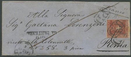 13.3.1860, Lettera da Firenze per Roma affrancata tramite un 40c. Carminio N.21. Tariffa di primo porto per la terza distanza Pontificia.(A) (A.Diena, Cert. En.Diena) (Cat.3300++)