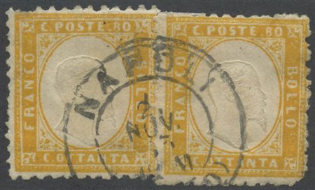 1862, 80c. Giallo Arancio due valori usati a Napoli il 2.Nov.1863. (A-) (cert. A.Diena.) (Cat.8000)