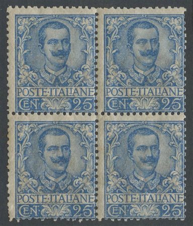 1901, 25c. Azzurro N.73 in quartina nuova con gomma integra.