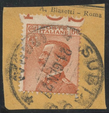 1926,60c. Giallo bruno con dentellatura orizzontale fortemente spostata in senso verticale (Prima riga del foglio) N.205c, usato su frammneto. (A)