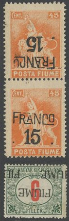 1915, due interessanti varietà di Fiume: Allegorie 10 su 30c. Arancio in coppia di cui uno con soprastampa capovolta e Segnatasse 6f con doppia soprastampa di cui una a macchina N.7/Id. Entambi firmati Oliva.