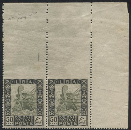 1924, Libia. 50c. Nero in coppia non dentellata in alto N.51n con angolo di foglio . Cert. Raybaudi.