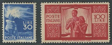 1945, Serie democratica N.543/565 nuovi con gomma, linguellati. (A)