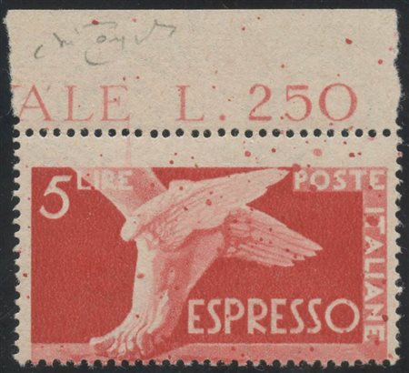 1945, Espresso 5lire con dentellatura fortemente spostata in senso verticale N.25d nuovo con gomma integra. Cert. Raybaudi