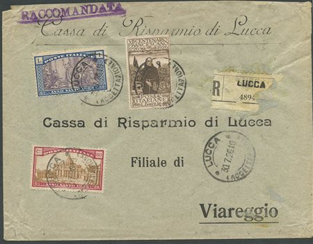 30.7.1926, Lettera raccomandata da Lucca per Viareggio affrancata per 10L. Tramite i N.197,172,173.