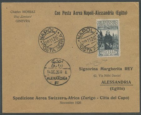 1926, 30c. Grigio Ardesia N.199 su lettera da Napoli ad Alessandria d'Egitto viaggiata con il volo speciale del 28 Novembre 1926. (A9) (Cert.Raybaudi) 