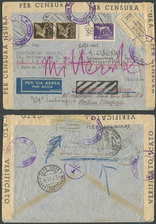 20.6.1941, Lettera raccomandata viaggiata per via aerea da Desenzano per Leningrado e affrancata per 4,7L.