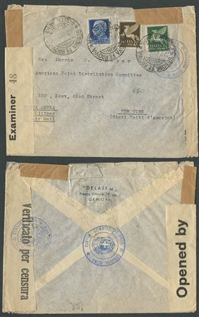 27.2.44, lettera affrancata per 6,75L viaggiata ''Via Clipper'' da Genova per New York. In transito vi è la censura inglese con sigilli di verifica.